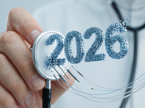 Doctor Holding Stethoscope with Digital 2026 Year Number Concept for Future Healthcare and Medical Technology