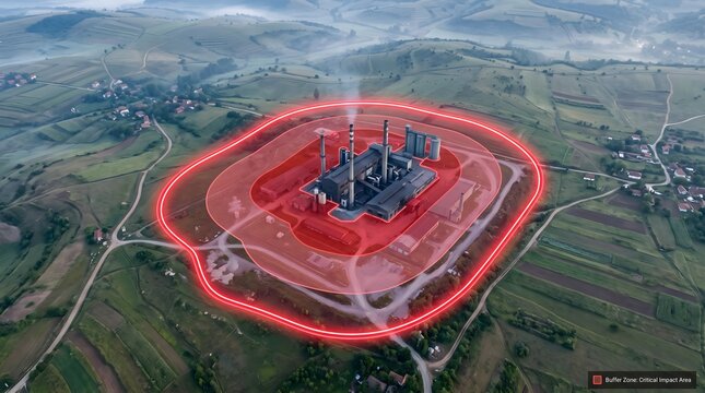 GIS Buffer Zone Analysis on Industrial Factory Aerial View with Environmental Impact Assessment