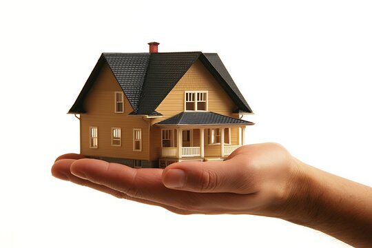 Hand holding a miniature model house isolated on white background
