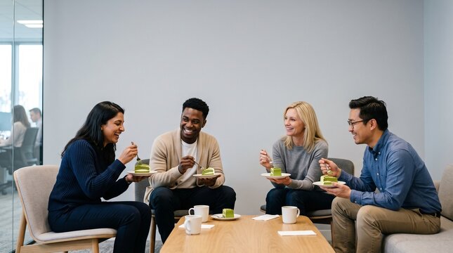 Diverse colleagues celebrating National Cake Day with green tea cake slices in a modern office break room