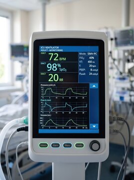 ICU ventilator monitor displaying vital signs enables precision healthcare analytics for optimal patient outcomes and operational efficiency.