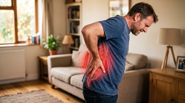 Man experiencing back pain at home highlights the critical importance of prioritizing health for sustained personal and professional productivity.