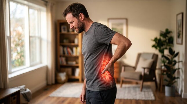 Man experiencing back pain with glowing spine overlay highlights the importance of health asset protection and workplace wellness investment.