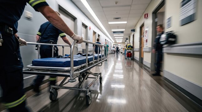 Paramedics pushing gurney through hospital hallway depicts urgent critical care logistics and operational efficiency in healthcare.