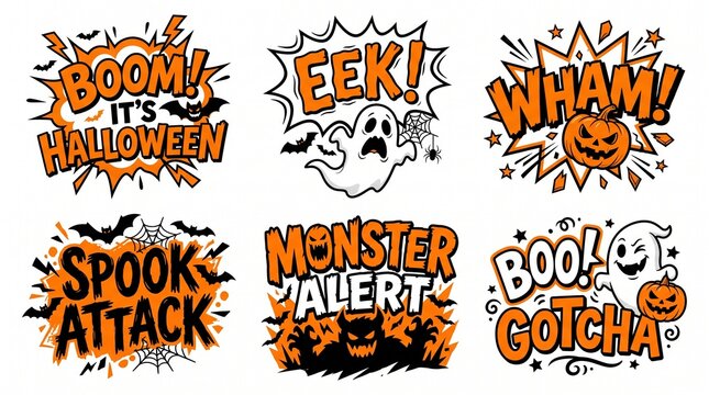 Comic book style halloween explosion icons with bright orange speech bubbles featuring ghosts monsters and bats for fun designs.