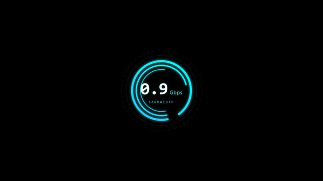 Digital Speedometer Gauge Display Showing Bandwidth Data Transfer Rate in Neon Blue Futuristic Style