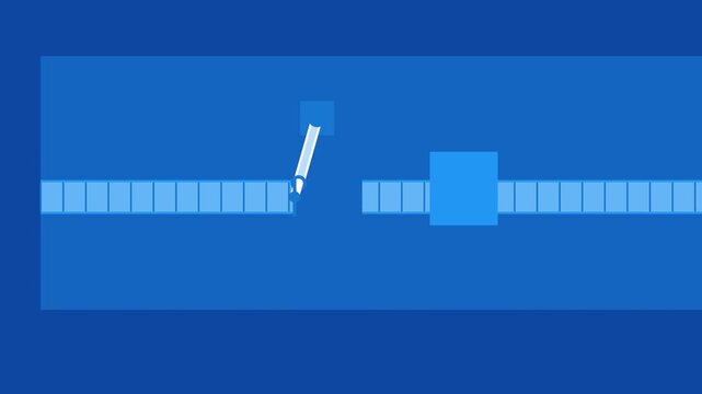 Abstract Animation of a Mechanical Arm Picking Up a Blue Circle on a Flat Geometric Background