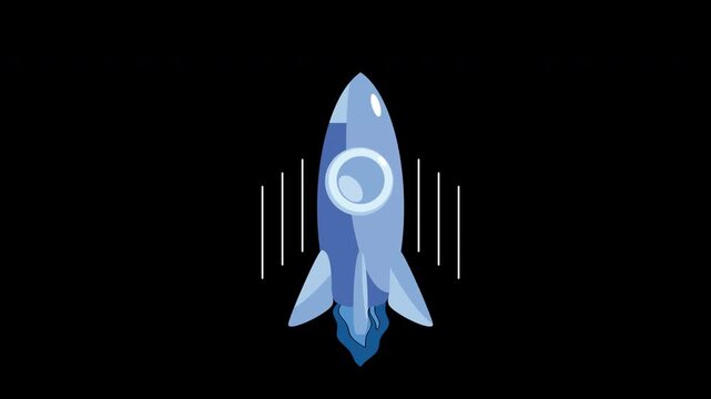 3D cartoon blue rocket ship launching upward isolated on transparent alpha channel background for startup technology animation footage