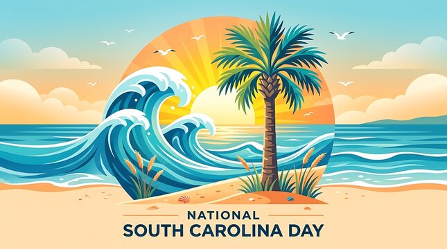 Palmetto tree framed by ocean waves and sunshine, minimal National South Carolina Day text