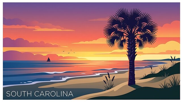 Minimal South Carolina writing with a palmetto tree against the backdrop of a beach sunset