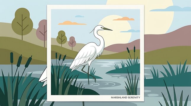 Elegant flat vector design, simple text, and a white egret standing in a marsh landscape
