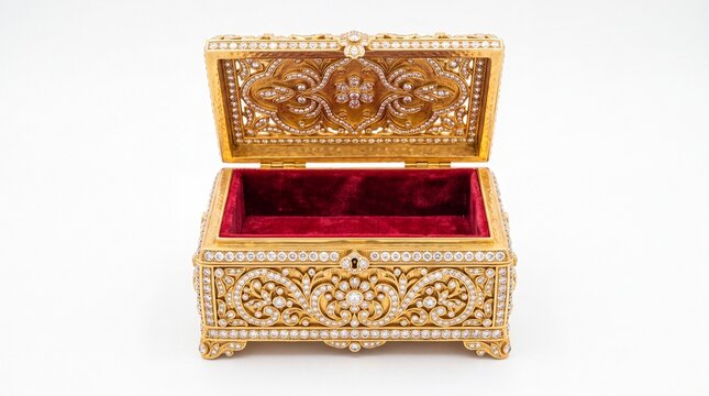Ornate golden jewelry box decorated with shimmering diamonds and velvet lining displays exquisite craftsmanship captured inside a studio on white background