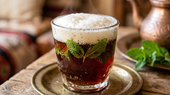 Traditional Libyan Mint Tea with Thick White Foam Crown and Fresh Mint Leaves Close-Up