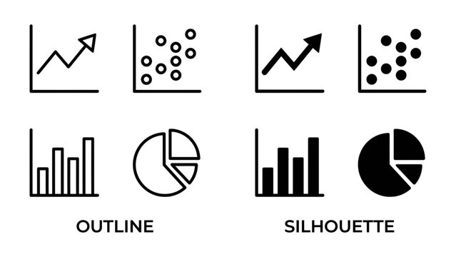 Graph Icon Set: A collection of simple line and silhouette icons representing various chart types, including bar graphs, scatter plots, line graphs, and pie charts.