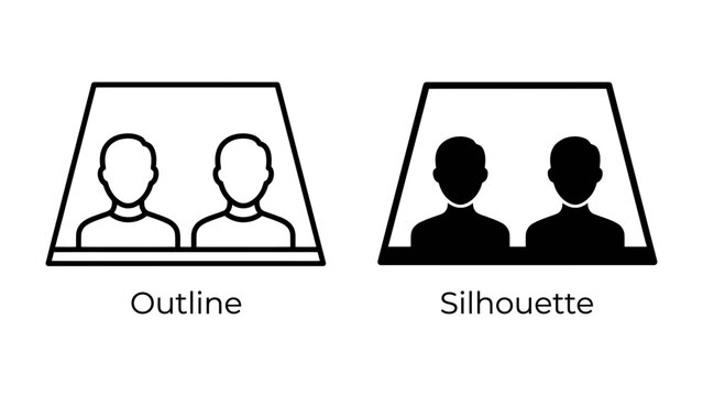 Two figures, an outline and a silhouette, enclosed within a trapezoidal frame. This graphic represents duality, contrast, or different perspectives.