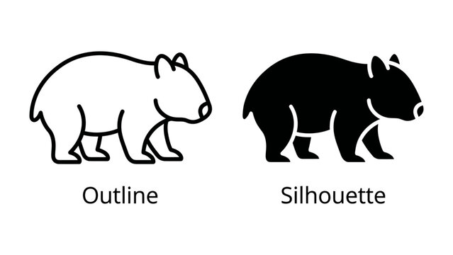 Wombat Icon: Two stylized representations of a wombat, one an outline and the other a black silhouette, ideal for graphic design and identification.