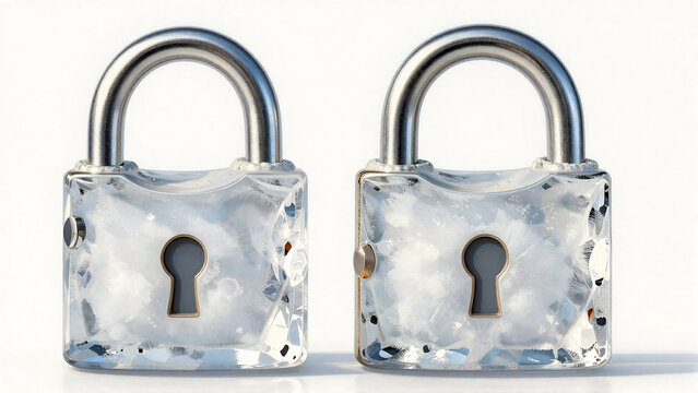 Two clear ice padlocks, symbolizing security and protection in a cold environment