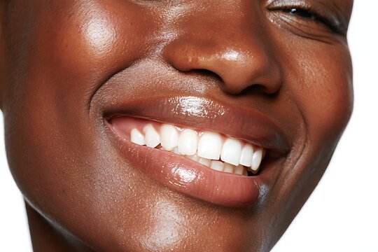 Closeup of a smiling woman with glowing skin and glossy lips