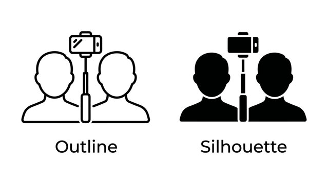 Selfie Stick Duo: Two stylized figures are depicted taking a selfie with a modern smartphone attached to a selfie stick, presented in both outline and silhouette styles for versatile graphic use.