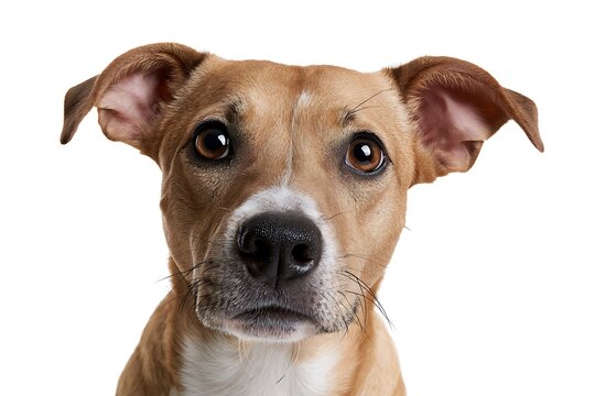A closeup portrait of a cute mixedbreed dog looking directly at the camera, isolated on white background
