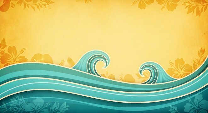 Retro Ocean Wave Border with Golden Botanical Background &ndash; Elegant Coastal Illustration with Copy Space for Poster, Banner, Invitation, Packaging, Wallpaper and Summer Beach Design