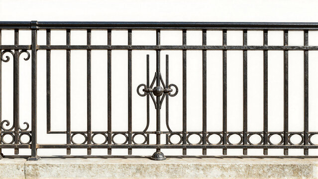 Detailed Wrought Iron Fence with Decorative Metal Patterns on Isolated White Background