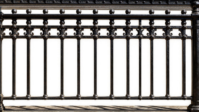 Decorative black wrought iron railing section isolated on white background for architecture