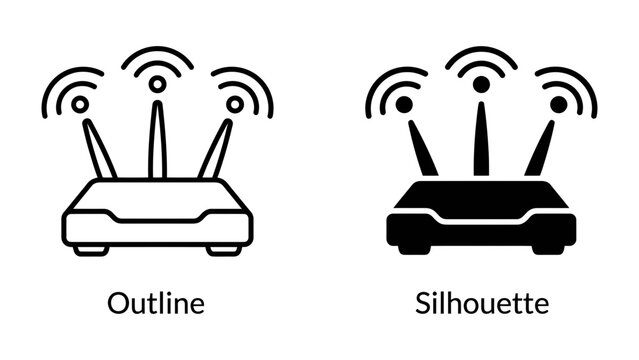 Wireless Router Icon Set: A set of two wireless router icons, one in outline and one in silhouette, displaying Wi-Fi signal waves, symbolizing connectivity and technology.