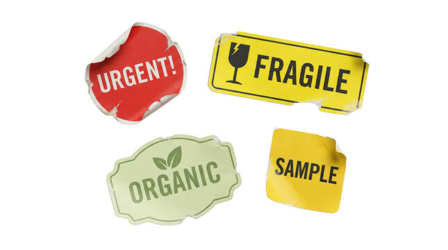 Set of various worn and torn paper labels and stickers isolated on transparent background