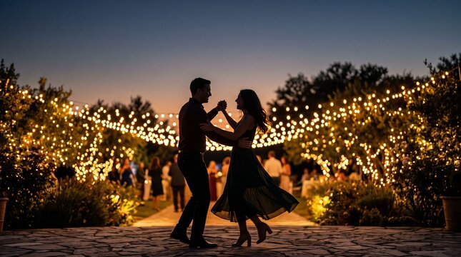 Couple dancing romantically under string lights at an outdoor evening celebration with blurred guests in background
