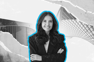 Confident Businesswoman Smiling While Standing In Modern Office Space With Architectural Features....