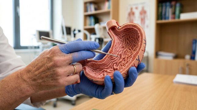 Medical Professional Demonstrating Stomach Anatomy Model with Probe