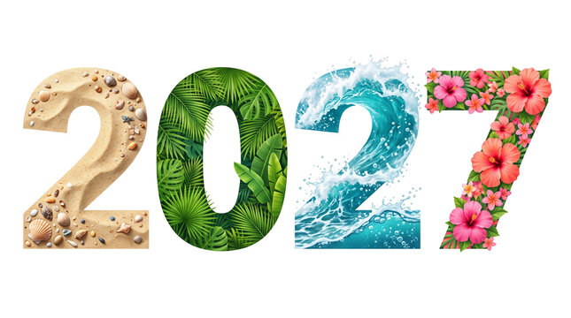 2027 stylized with four distinct seasonal or natural elements representing different parts of the year new year 2027 holidays background 