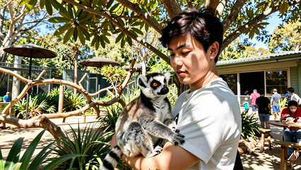 Obraz premium Asian man holding a cute lemur in an outdoor wildlife park enclosure