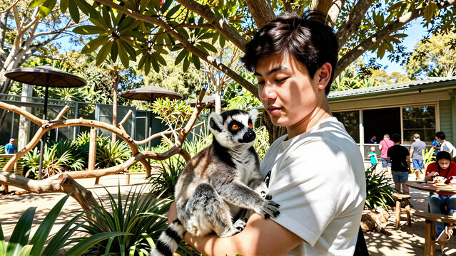 Asian man holding a cute lemur in an outdoor wildlife park enclosure