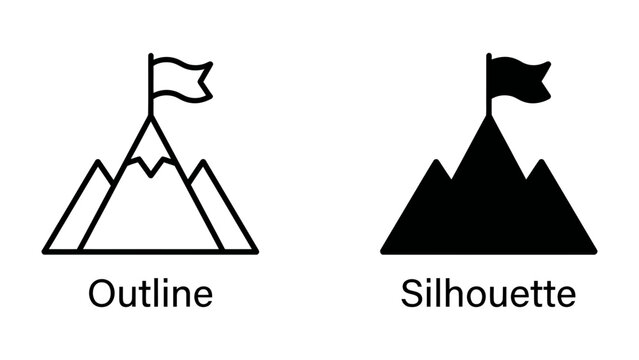 Mountain Peak with Flag: A minimalist illustration depicting a mountain peak crowned with a waving flag, symbolizing achievement, reaching goals, and the summit of success.