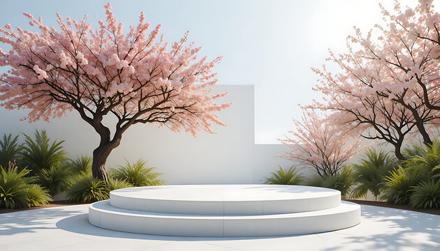 Minimalist white monument with blooming cherry blossom trees in serene park setting at sunrise