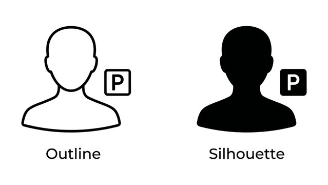User Icon and Symbol: A clear outline and a solid silhouette of a person are displayed, each with a distinctive P symbol adjacent to it, representing a user or profile identifier.