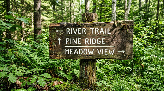 Rustic wooden trail sign in lush green forest, pointing to River Trail, Pine Ridge, Meadow View