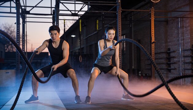 Performing Asian duo swinging battle ropes in CrossFit box, wearing minimal gear and trainers