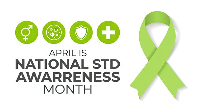 Green ribbon symbolizing sexually transmitted disease awareness month campaign with icons with displays green awareness ribbon alongside text icons promoting health safety prevention healthcare