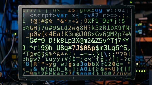 Cybersecurity and Hacking Concept with Encrypted Code on Computer Screen