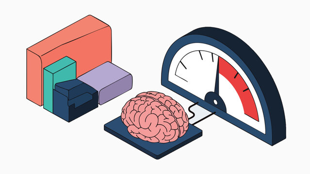Colorful isometric 3D burnout gauge with brain and pressure meter visualizing mental fatigue concept for workplace wellness programs, stress management workshops, and employee health campaigns