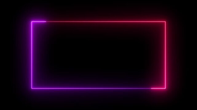 Neon glowing rectangular frame border with pink and purple light motion loop rectangle