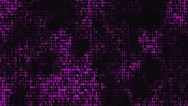 Abstract digital binary code background with vibrant purple glowing data streams and glitchy matrix pixel texture effect