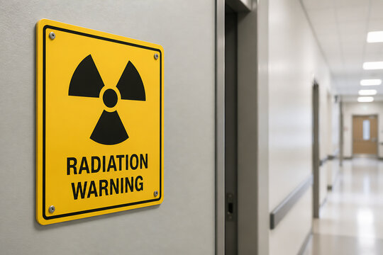 A yellow radiation warning sign is mounted on a wall in a brightly lit, modern hallway.