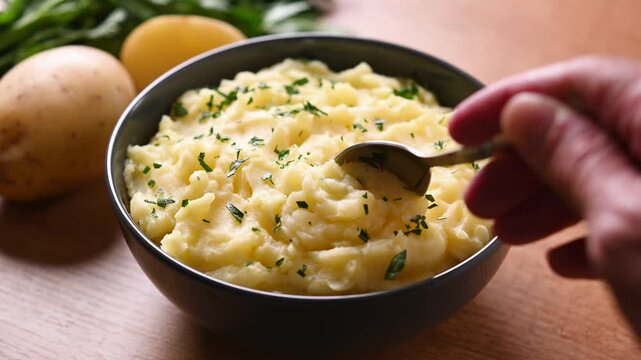 Serving creamy mashed potatoes from a bowl