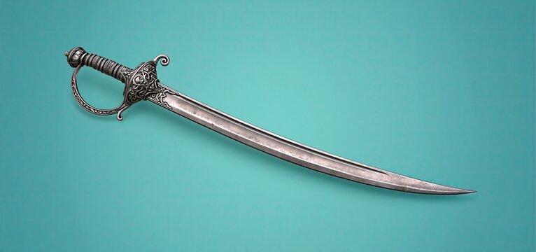 Set against a bright teal background, an intricately designed vintage pirate cutlass evokes a sense of adventure.