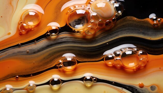 Floating bubbles and droplets resting on wavy orange-black bands at tabletop showing highlights