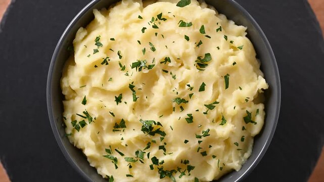 Bowl of creamy mashed potatoes rotating on wooden table